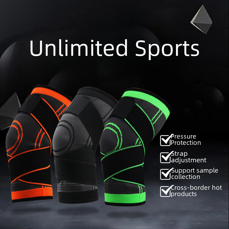 Set of compression knee sleeves in orange, black, and green with straps
