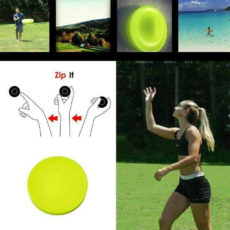 Neon yellow mini flying disc shown in a game collage with catch instructions.