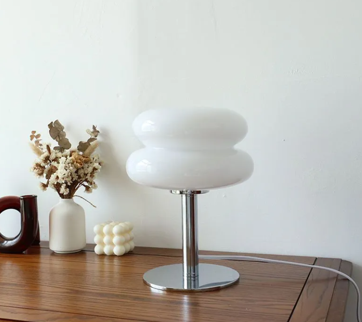 Glass shade desk lamp with iron base, white double bulbs