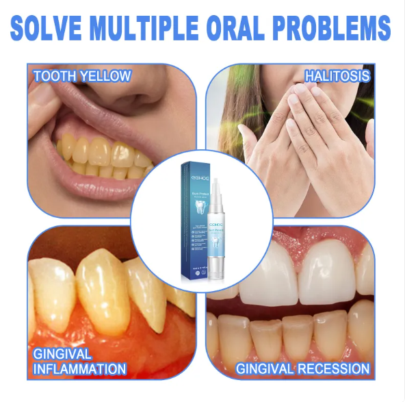 Gum repair gel centered on oral problem icons for tooth yellowing