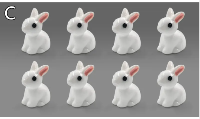 Set of small white rabbit resin figurines with red inner ears and black eyes.