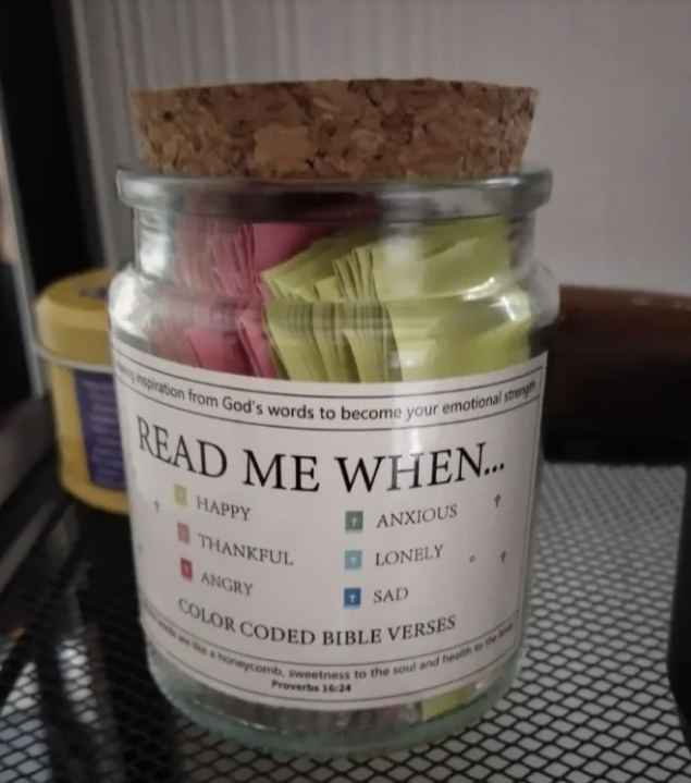 Clear glass scripture jar with cork, 'READ ME WHEN…' label and color-coded verse cards