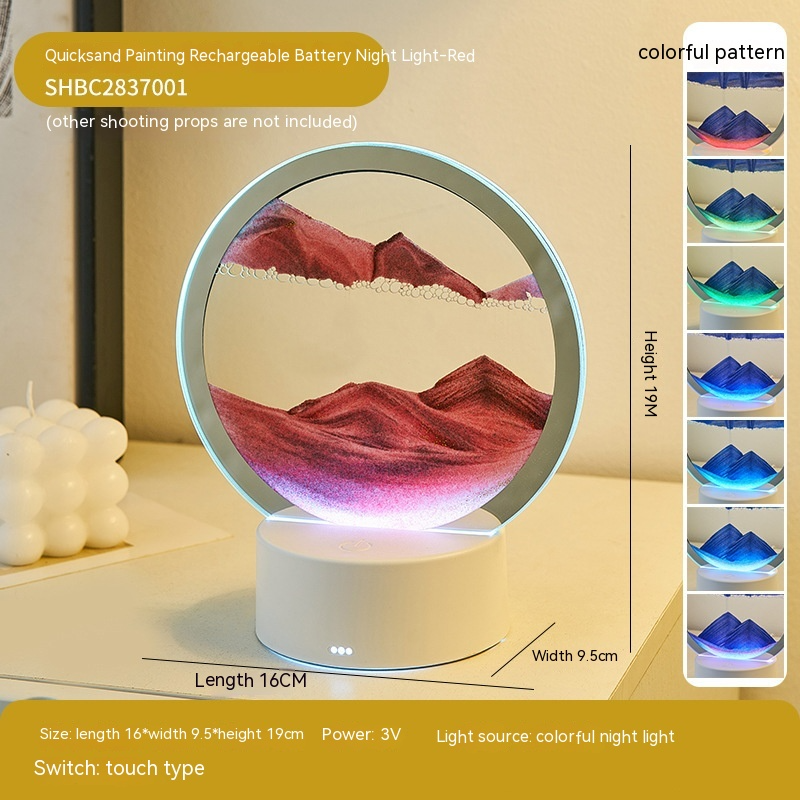 Quicksand night lamp with circular glass top and white base, red sand glow