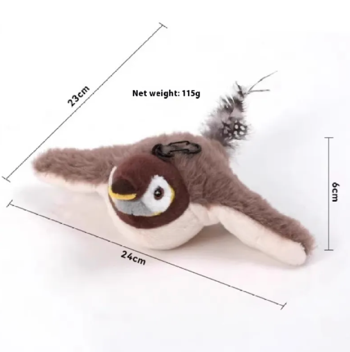 Plush bird cat toy with brown wings, white belly, and owl-like eyes, lying flat