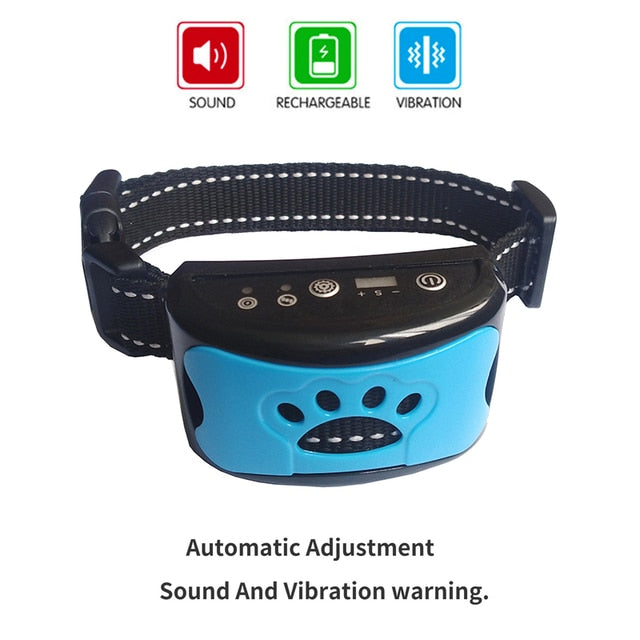 Dog training collar receiver in blue with black paw sensor, black fabric strap