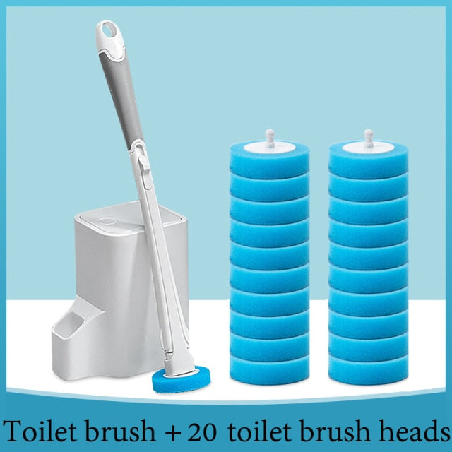 Toilet brush set with white stand, silver handle, and 20 blue replaceable heads