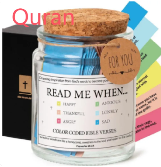 Glass jar with cork lid and 'FOR YOU' tag, 'Quran' label over color-coded verse cards.