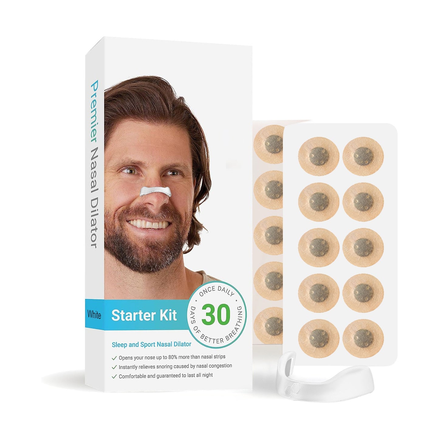 Black nasal dilator starter kit box with patch sheet and black nose dilator piece