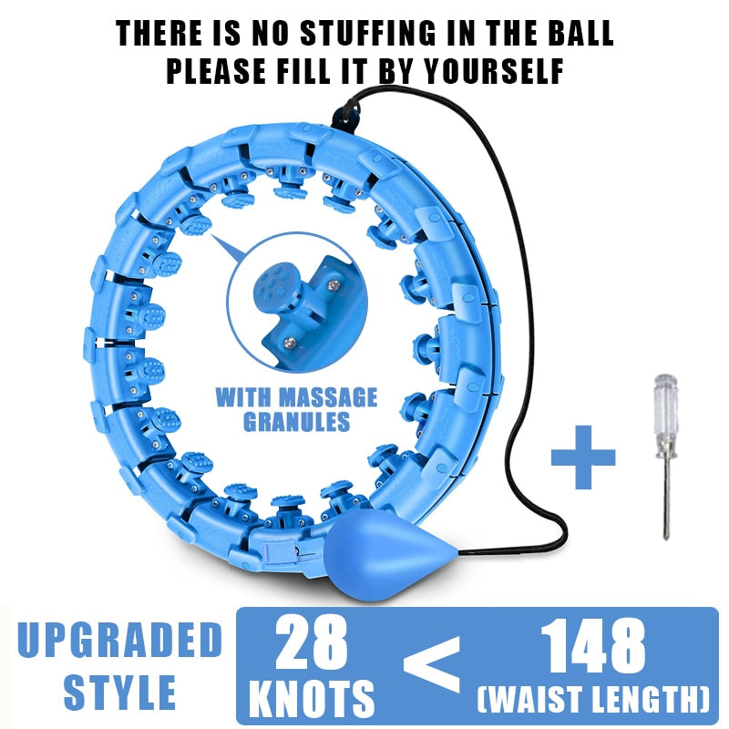 Blue weighted hula hoop with massage nodes, adjustable fit, and fillable ball pouch