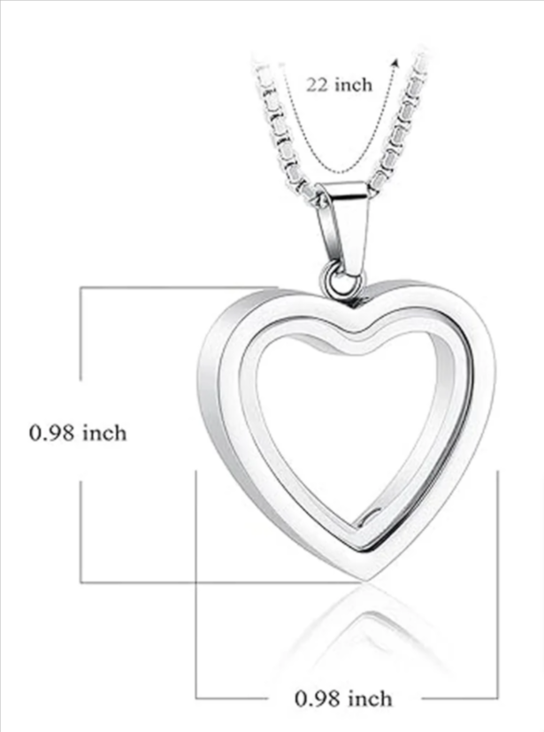 Silver heart-shaped pendant necklace, 22 inch chain length, loop clasp