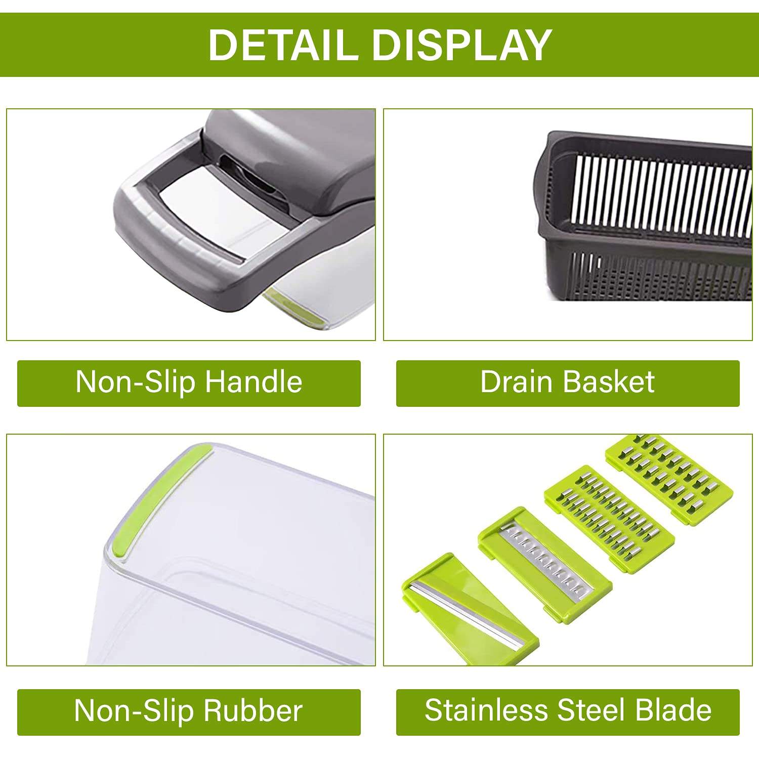 Vegetable chopper and dicer close-up showing non-slip handle and drain basket