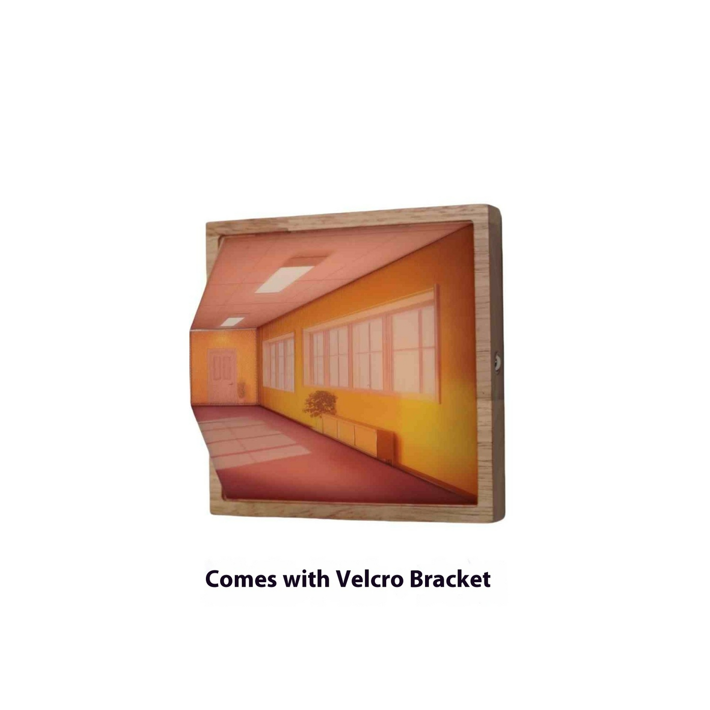 Wooden framed LED night light showing a glowing living room illustration, side view