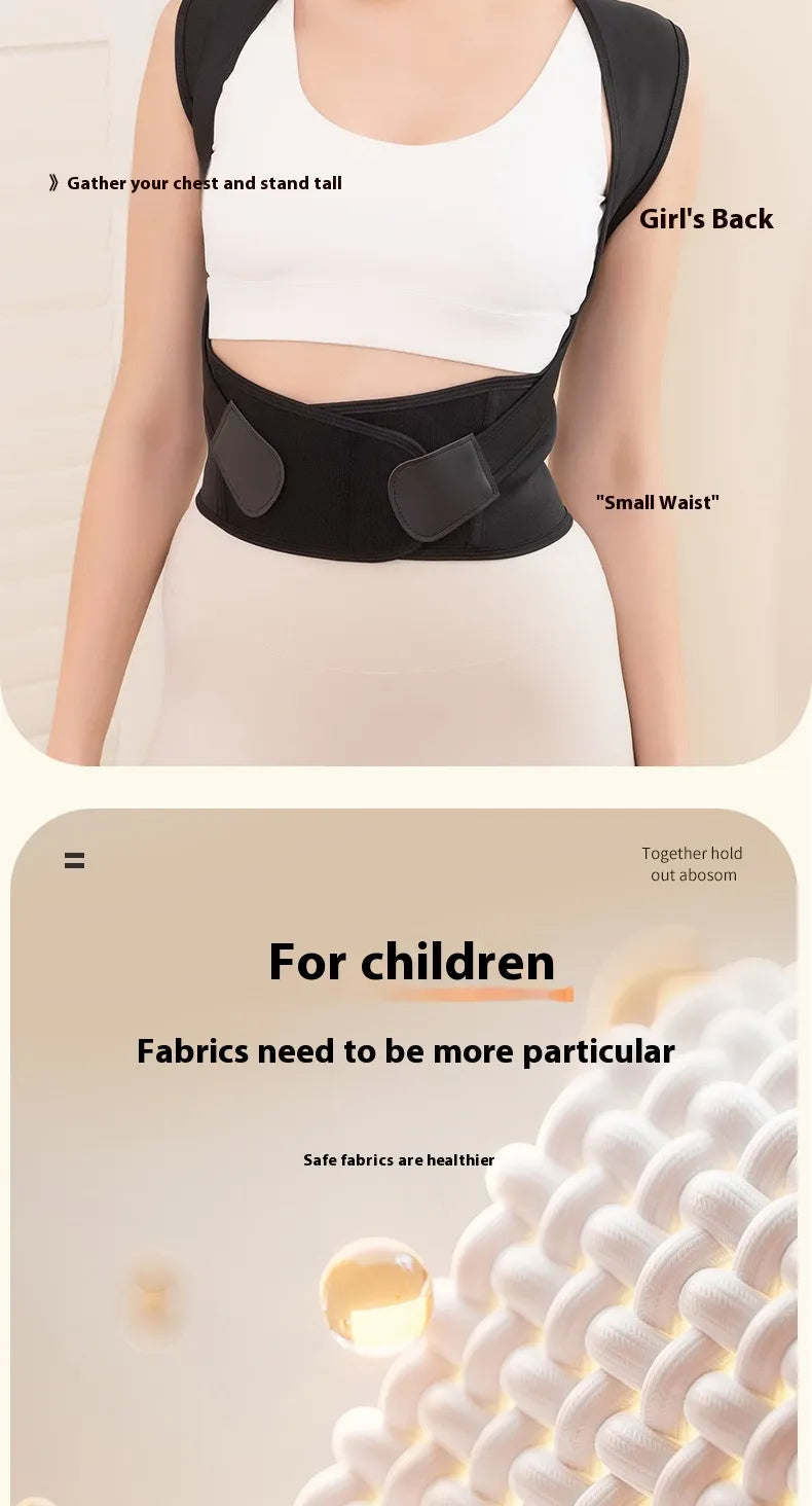 Black posture corrector belt with upper shoulder straps and wide waist support panel