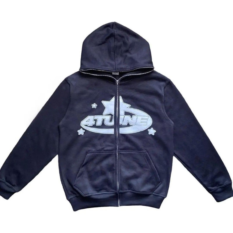 Navy zip-up hoodie with white star logo graphic, hood and front zipper