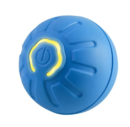 Blue smart pet toy ball with glowing power LED button outline