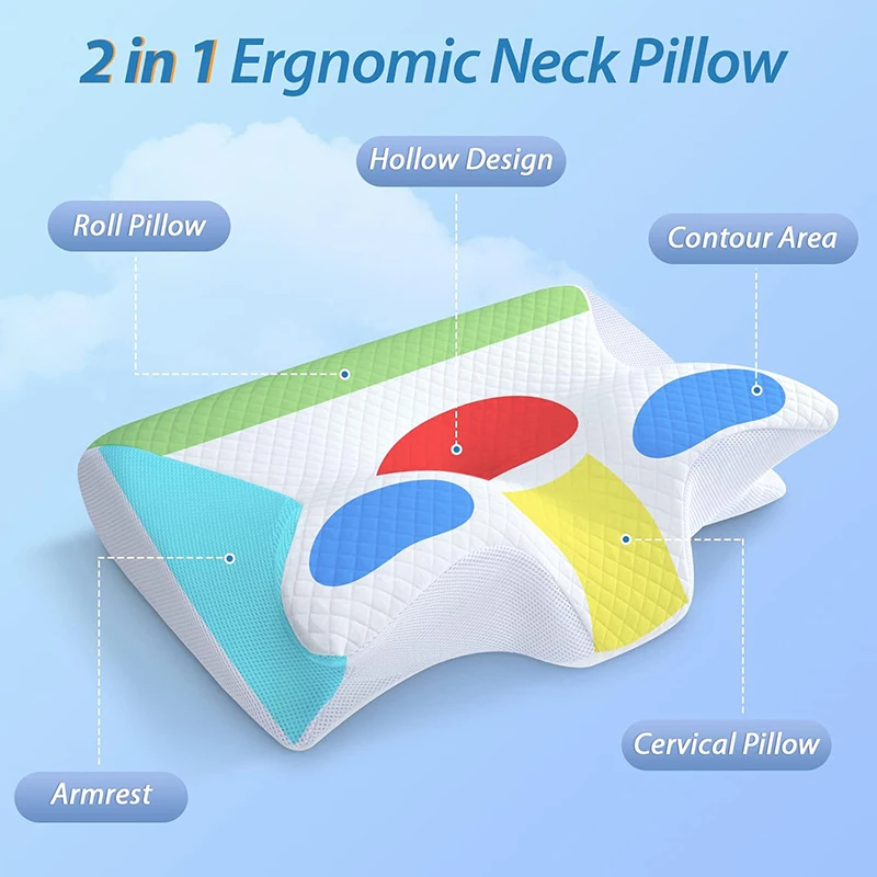 Memory foam cervical neck pillow with contoured zones and hollow center cavity design
