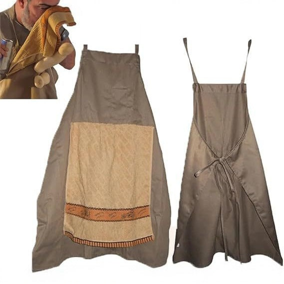 Gray and beige aprons displayed; partial person holding a yellow item at the left