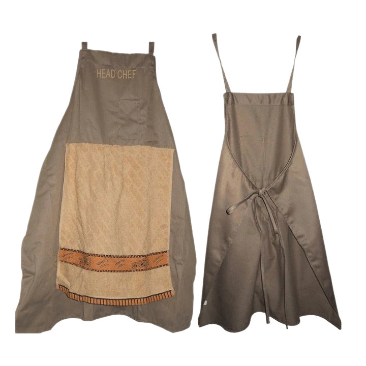Gray and beige apron pair with orange border along the hem and center front paneling