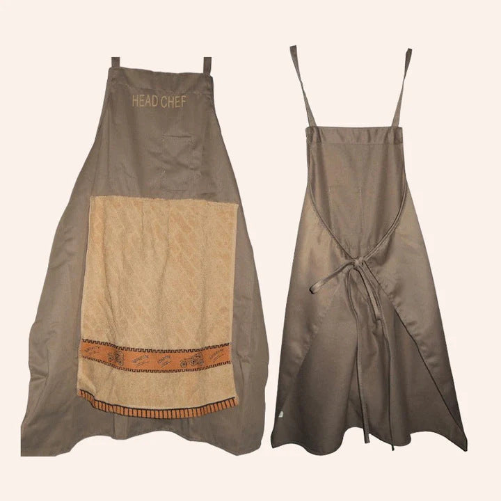 Gray aprons with beige front panels and orange patterned hem trim, adjustable neck straps