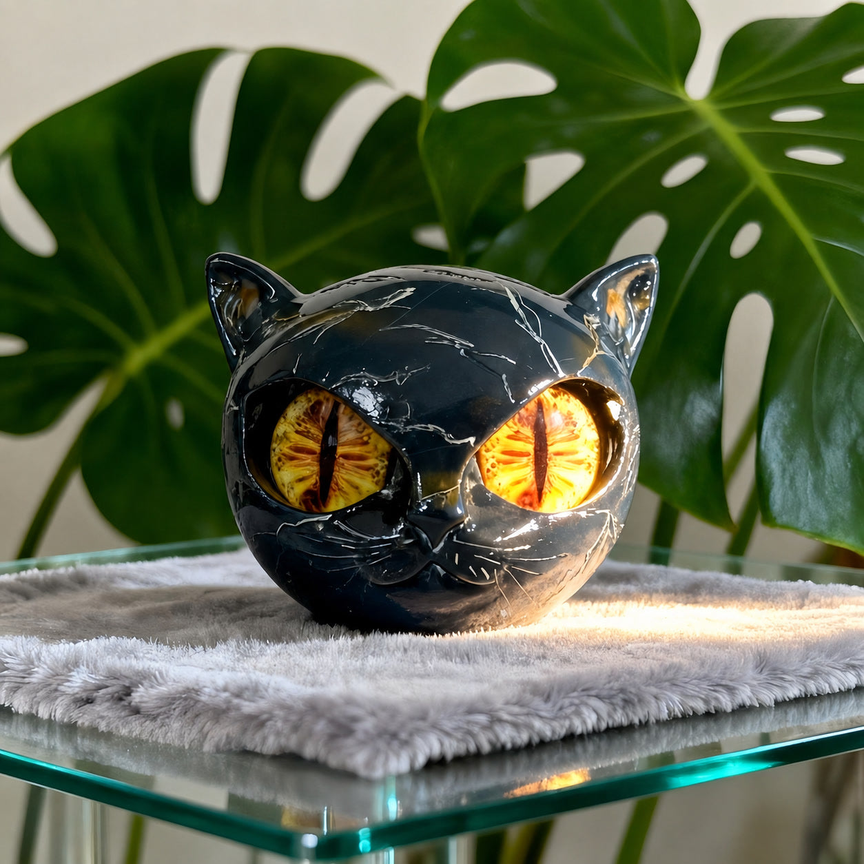 Black resin cat sculpture ornament with yellow-orange eyes and shiny marble-like streaks