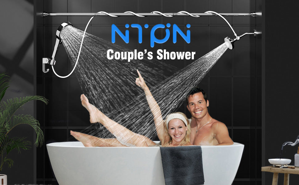 Wall-mounted dual shower head set with flexible hoses and brackets
