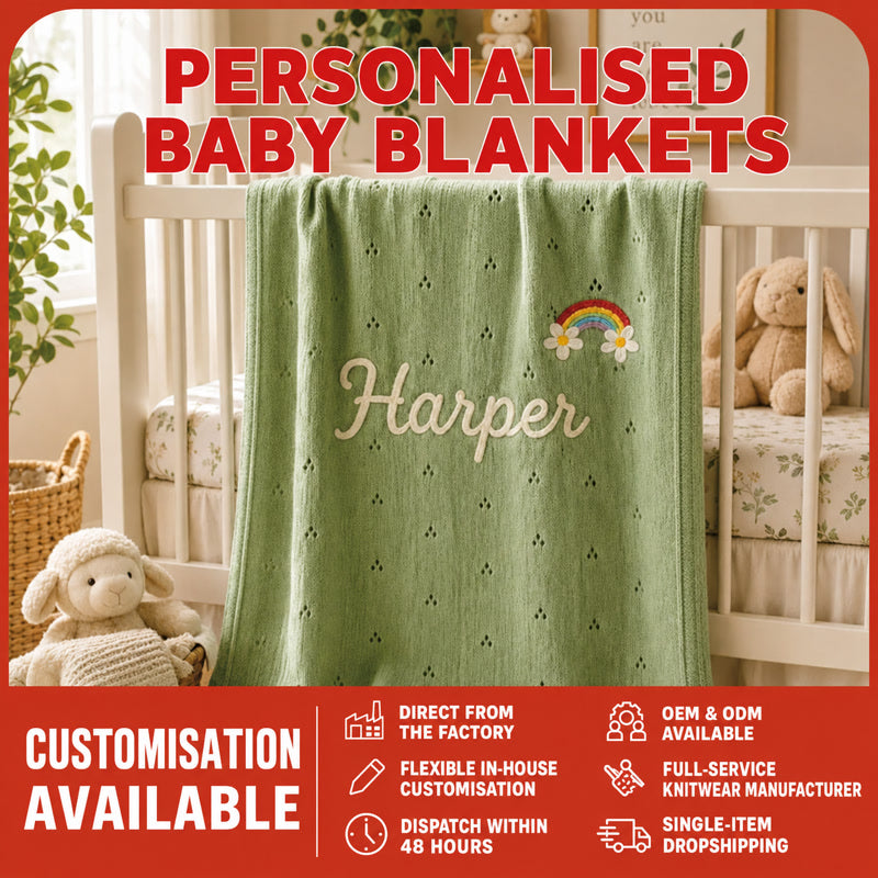 Personalized hand-embroidered cotton baby blanket, green, “Harper” name and floral motif