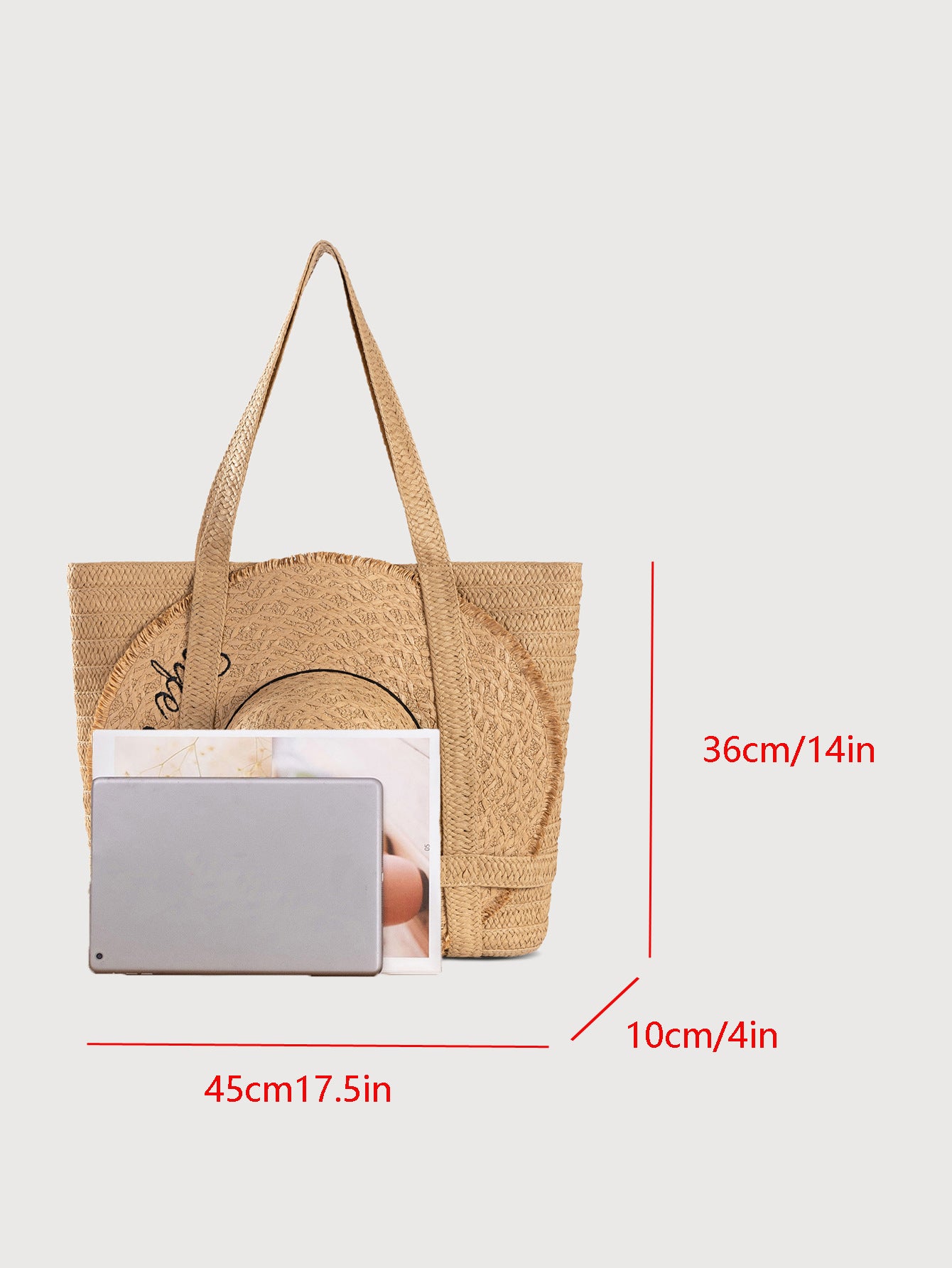 Apricot straw woven tote bag with matching wide-brim hat, inside view