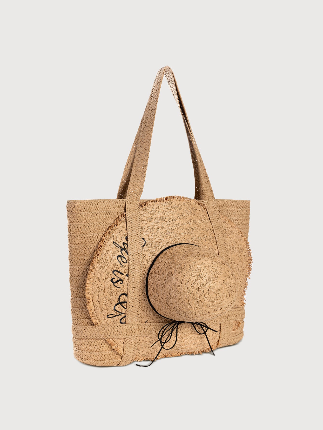 Apricot straw woven tote bag with wide-brim hat, front view