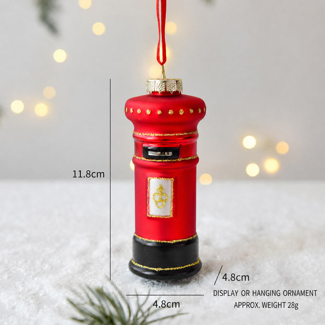 Handmade glass Christmas fire hydrant hanging ornament in red, gold, and black