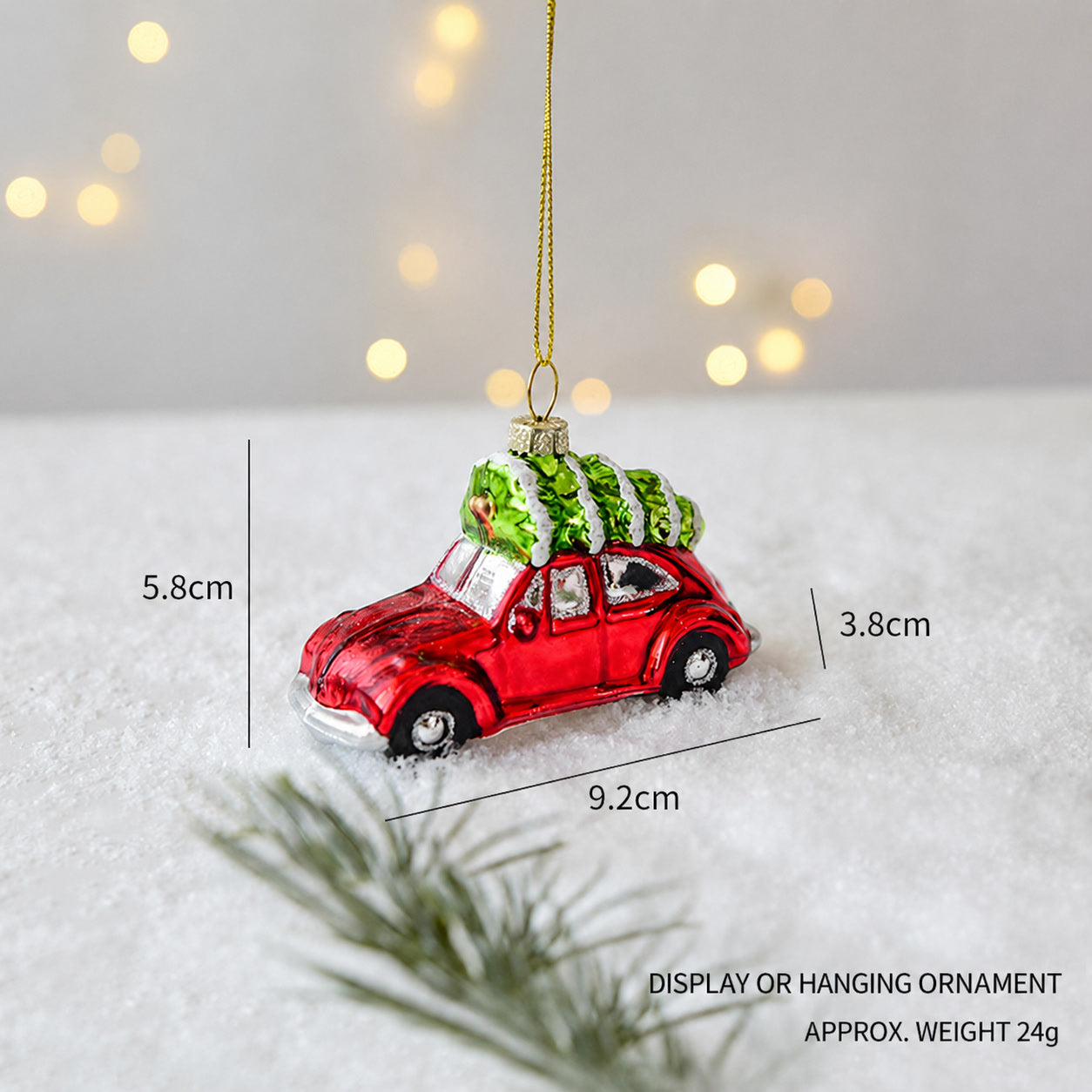 Red glass car Christmas tree hanging ornament with green top details and gold loop