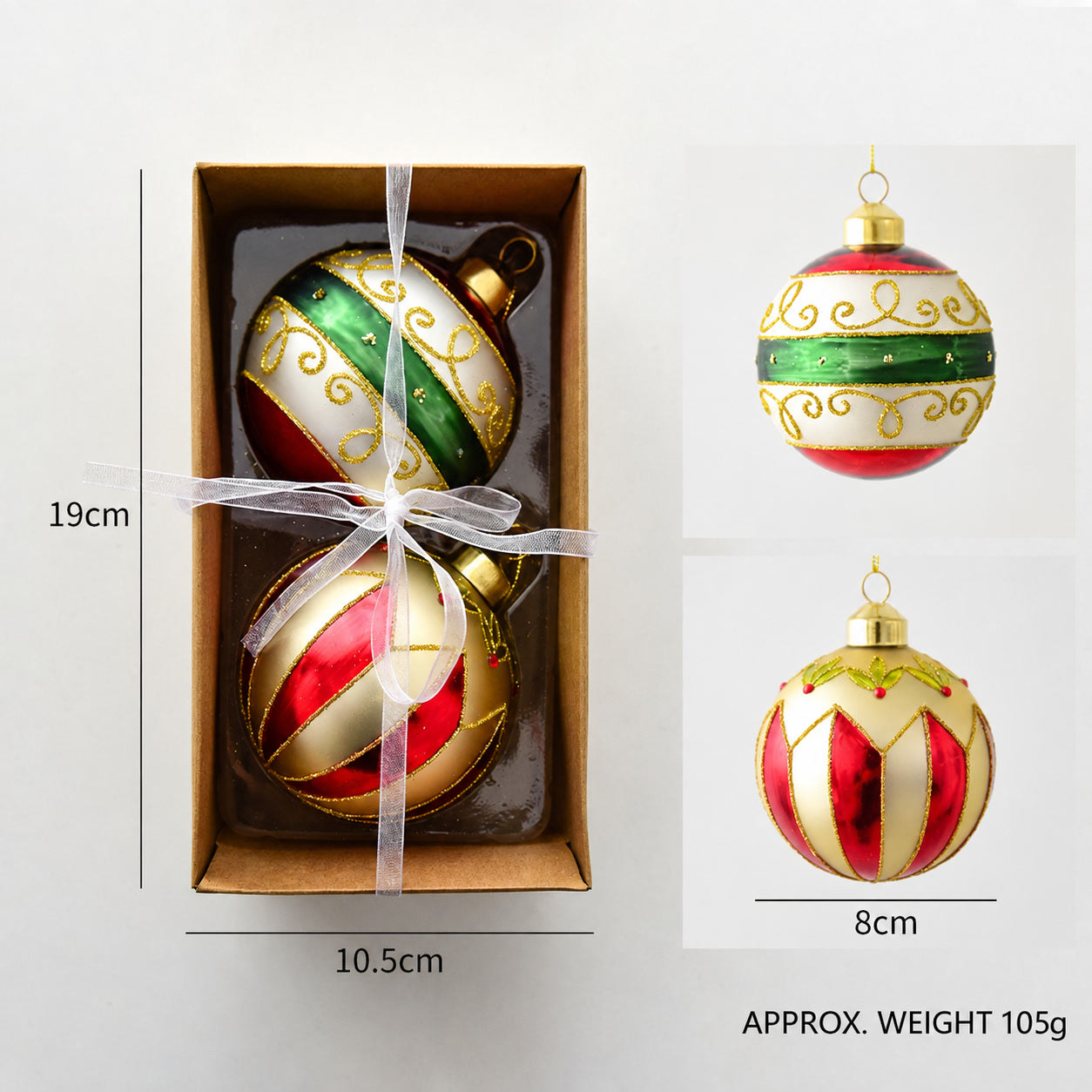Green, red, and gold swirl glass ball ornament with gold top hanging loop