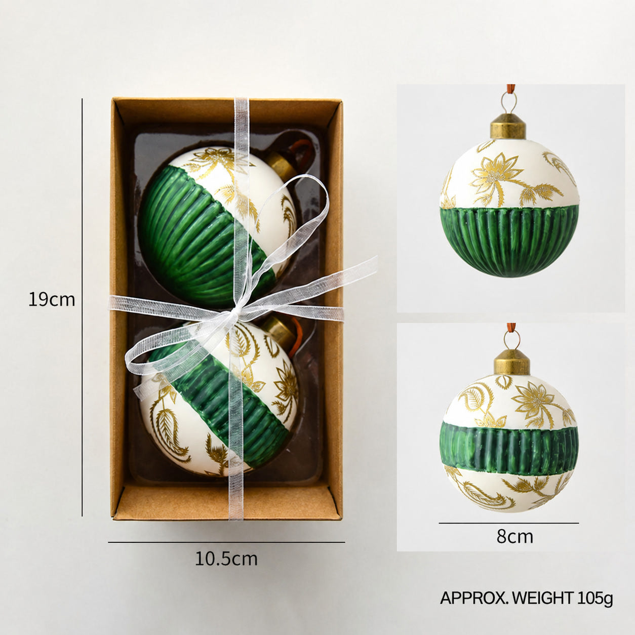 Gift set of green and gold striped glass ball ornaments with hanging loops