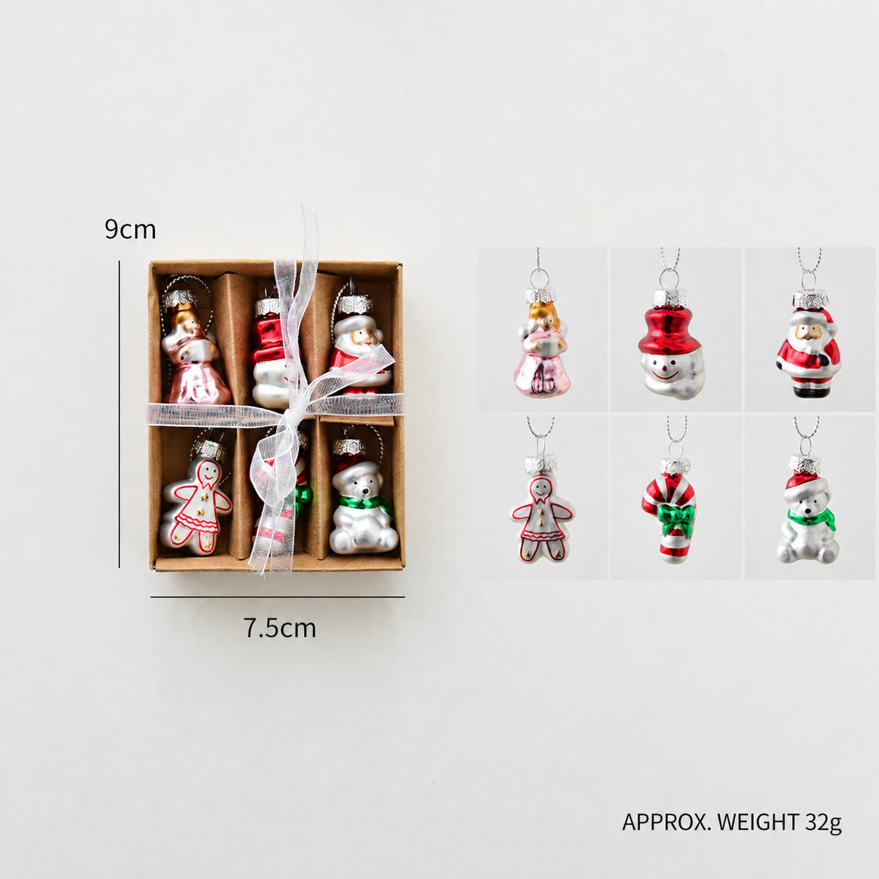 Handmade glass Christmas ornament set box with multiple hanging figures and hooks