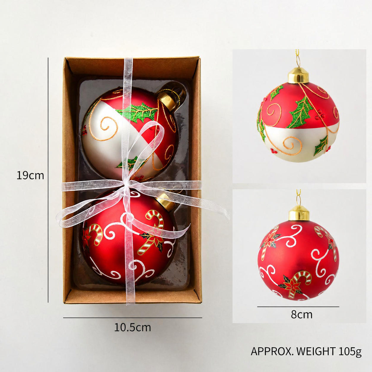 Red and gold glass Christmas ball hanging ornament with gold cap and ribbon loop
