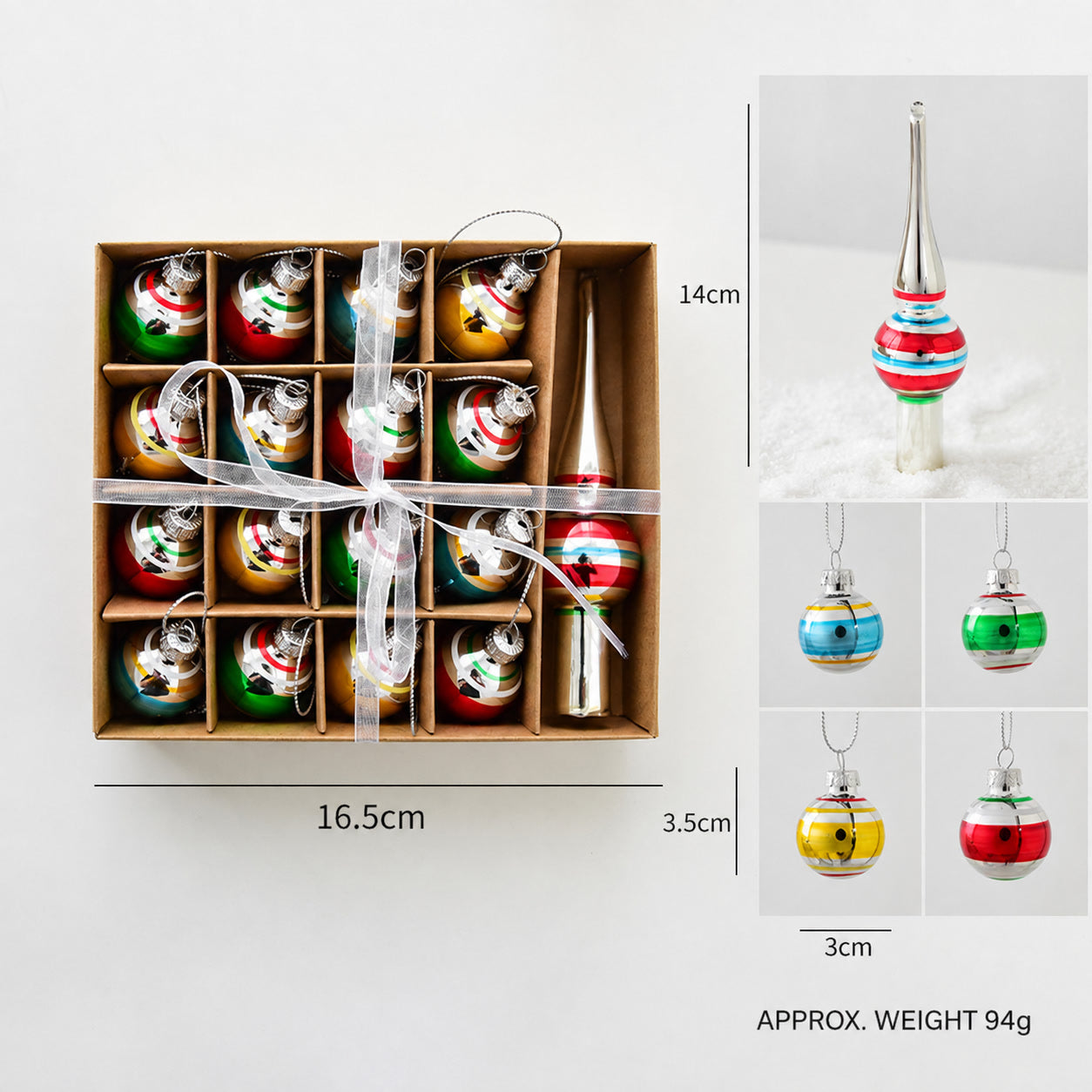Set of small striped glass Christmas ornaments in a gift box with hanging loops