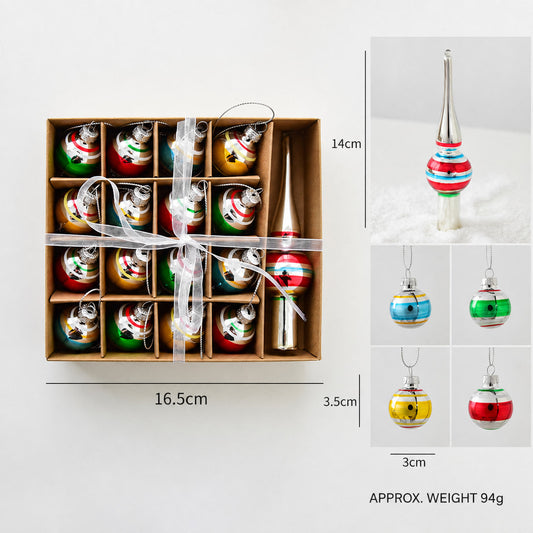 Set of small striped glass Christmas ornaments in a gift box with hanging loops