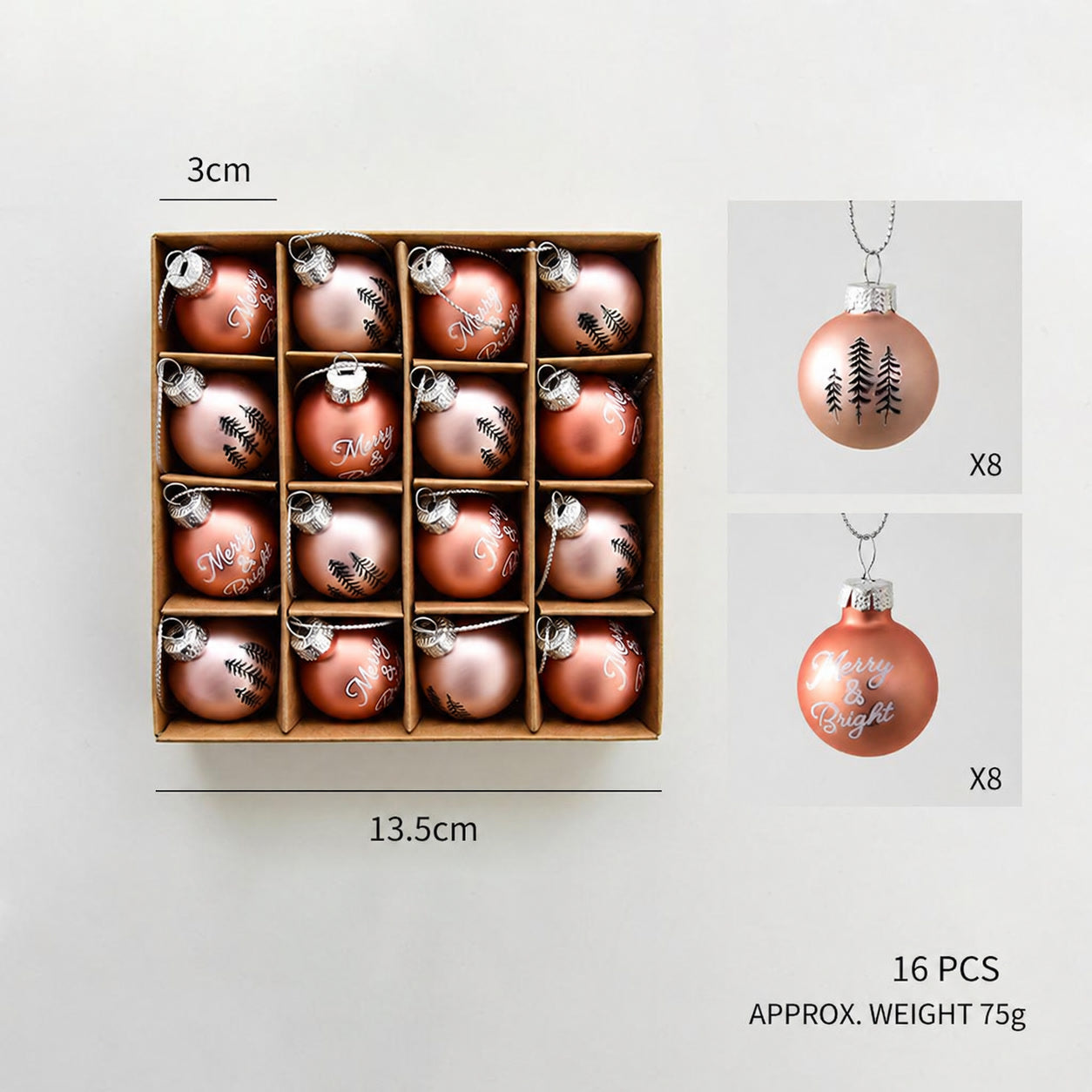 Gift box of brown and white glass ball ornaments with bows, multiple styles