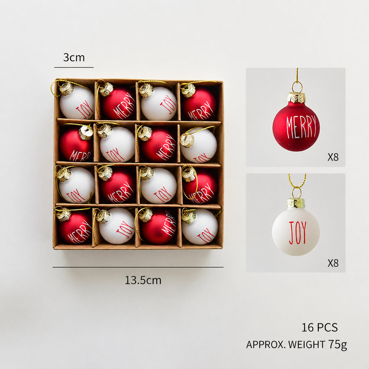 Red and white “Merry” and “Joy” glass ball ornaments in gift box with gold hooks