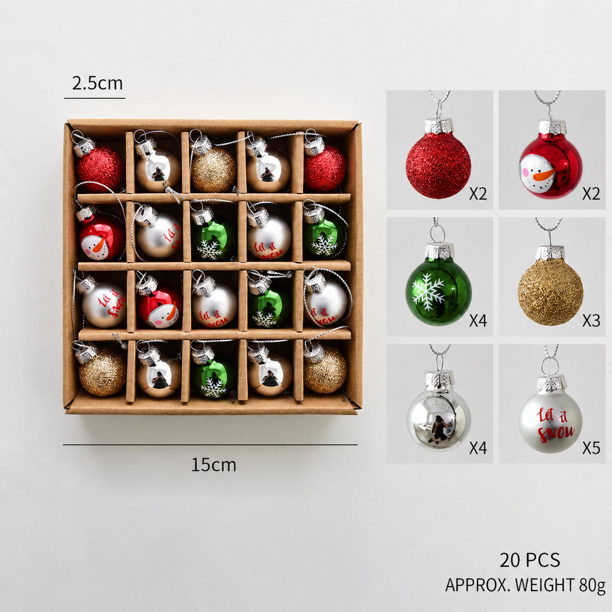Assorted small glass bauble hanging ornaments in wooden tray, red green gold white mix