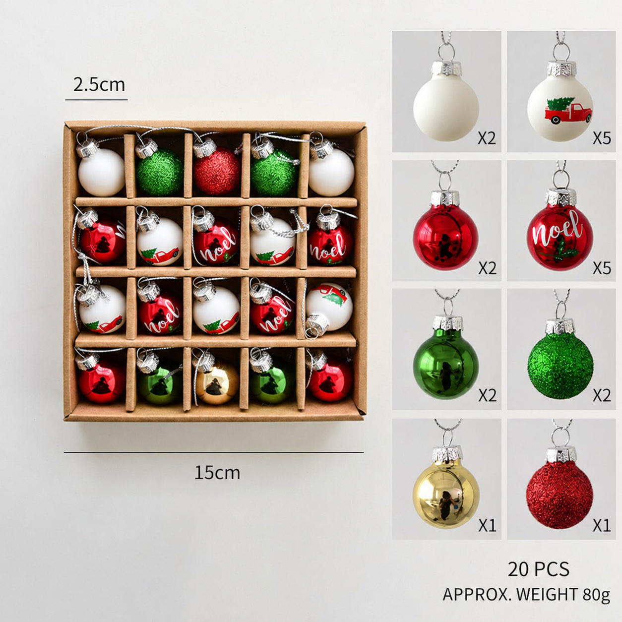 Assorted small glass bauble hanging ornaments in wooden tray, red green white mixed