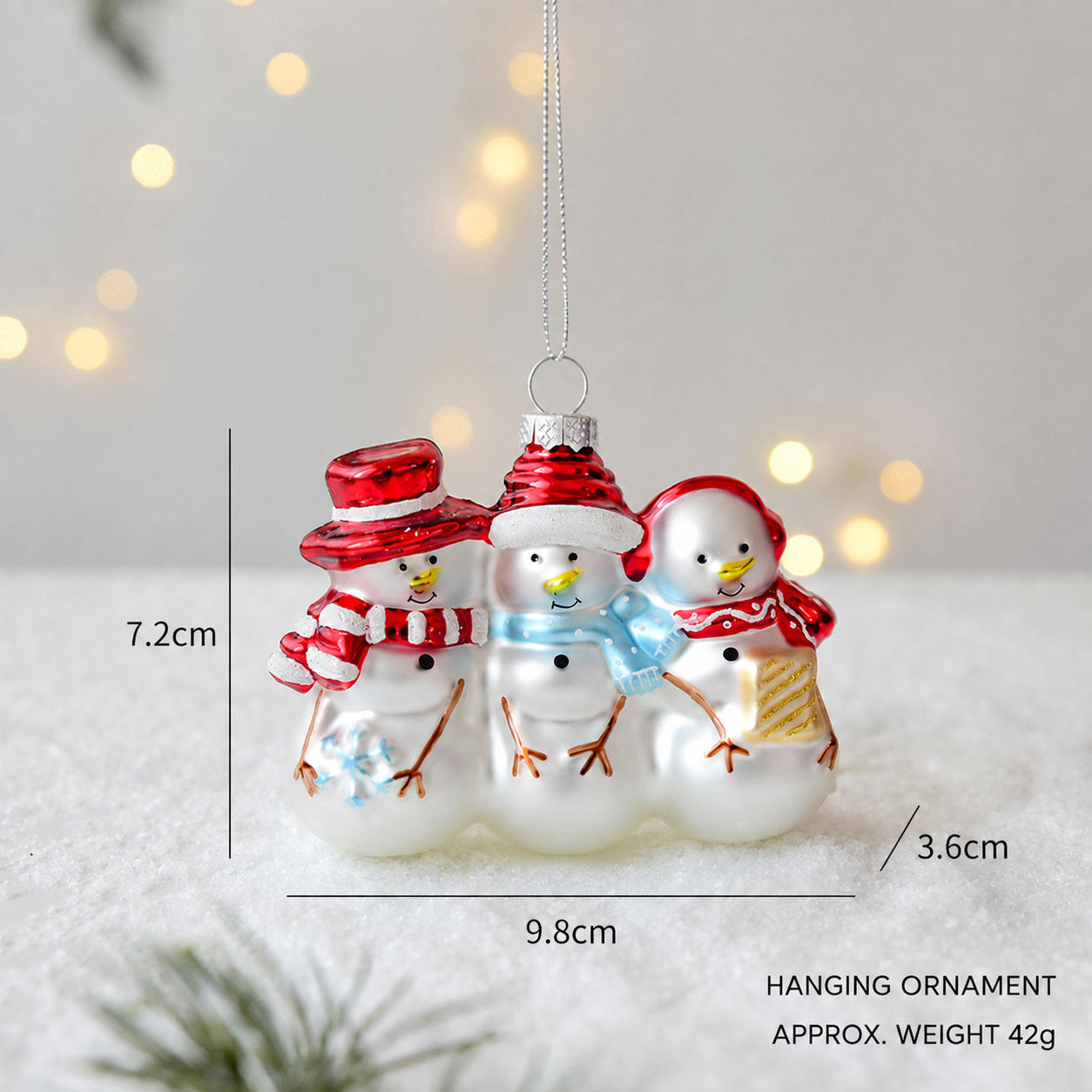 Handmade glass Christmas snowman trio hanging ornament in blue scarves and red caps