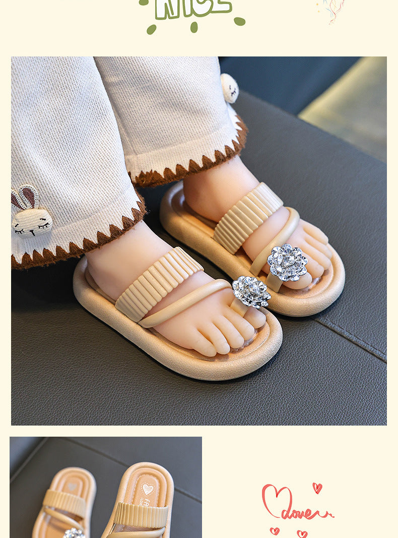 Girls’ tan flip-flop sandals with rhinestone flower jeweled straps and soft sole