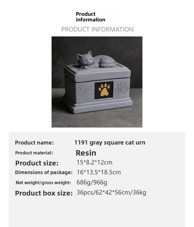 Gray square resin pet memorial urn with sleeping cat on lid and gold paw emblem