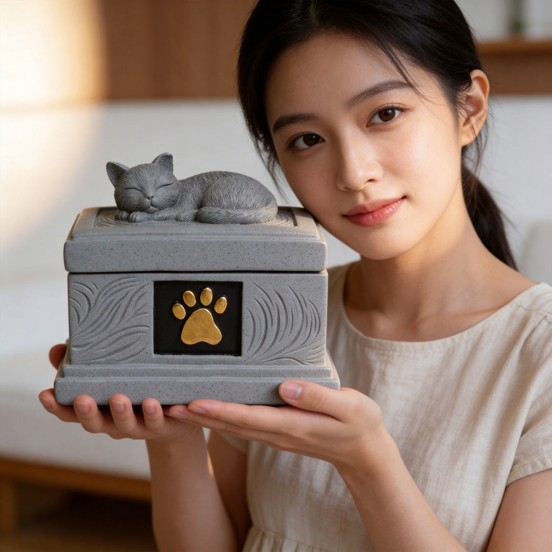Gray resin cat memorial urn with sleeping cat on lid and gold paw emblem, held by person