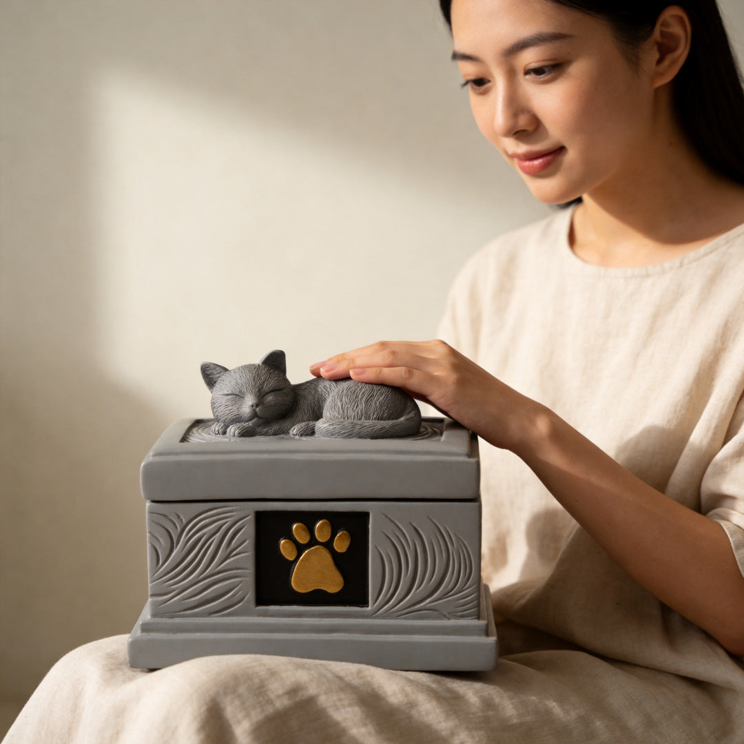 Gray resin cat memorial urn with sleeping cat on lid and gold paw emblem, hand placing lid