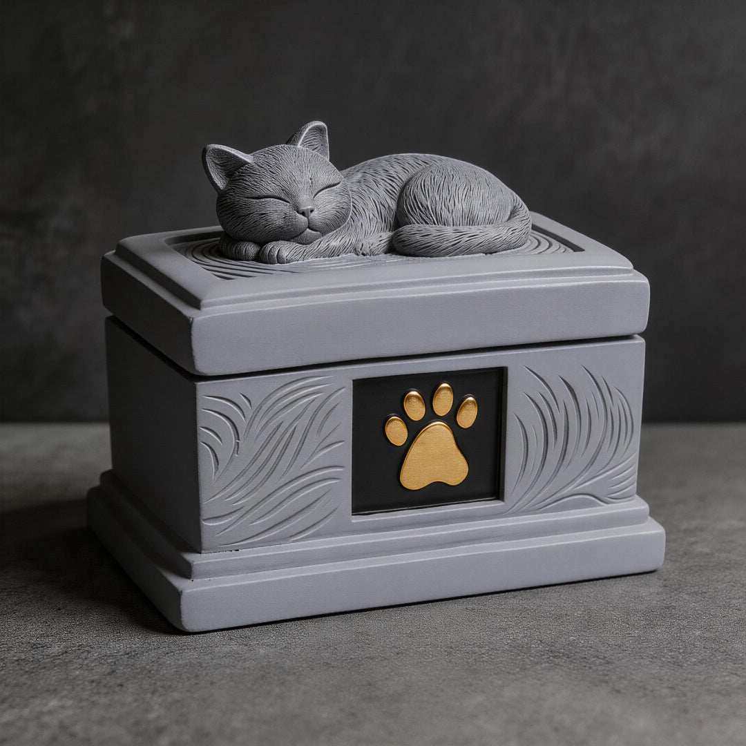 Gray resin cat memorial urn with sleeping cat on lid and gold paw emblem, 3/4 side view