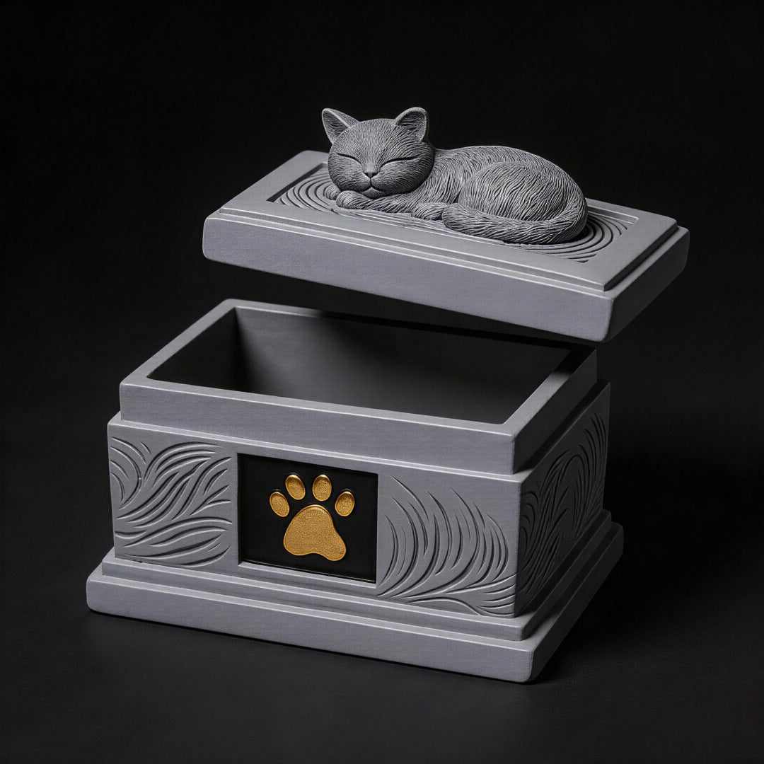 Gray resin cat memorial urn with sleeping cat on lid and gold paw emblem, angled view