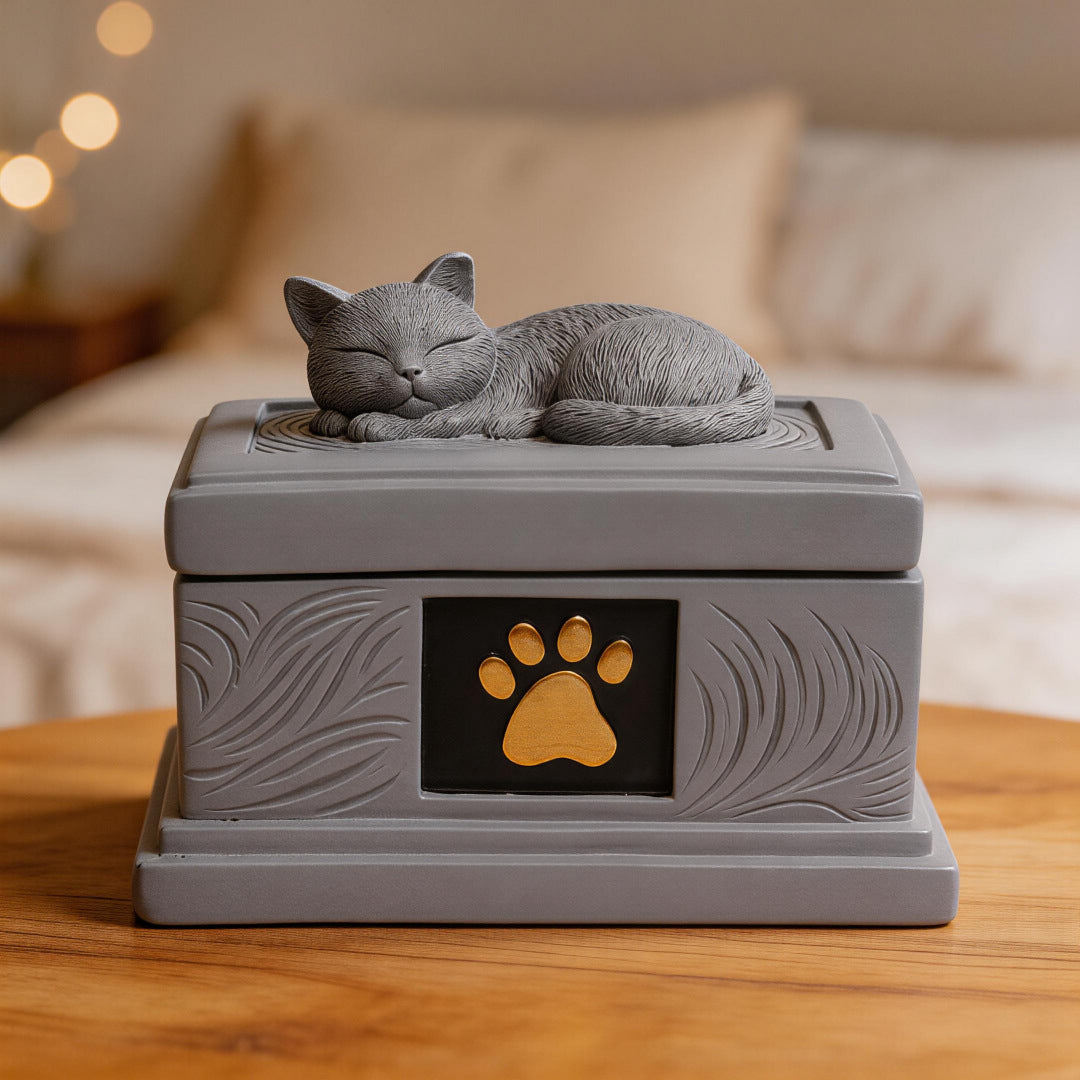 Gray resin cat memorial urn with sleeping cat on lid and gold paw emblem, front view