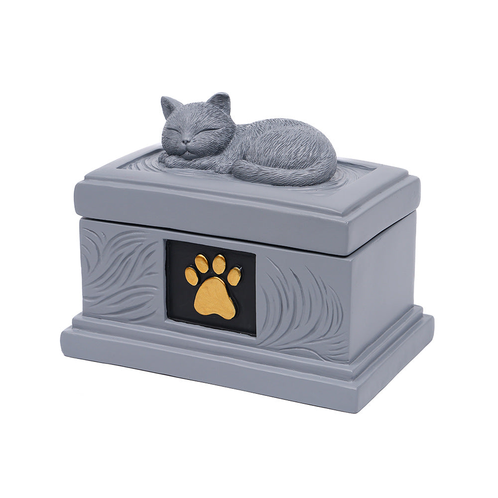 Gray square cat pet memorial urn with sleeping cat topper and gold paw print emblem