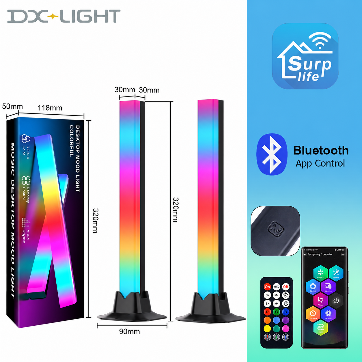 RGB gaming ambient light bars with two vertical color-changing tubes on stands